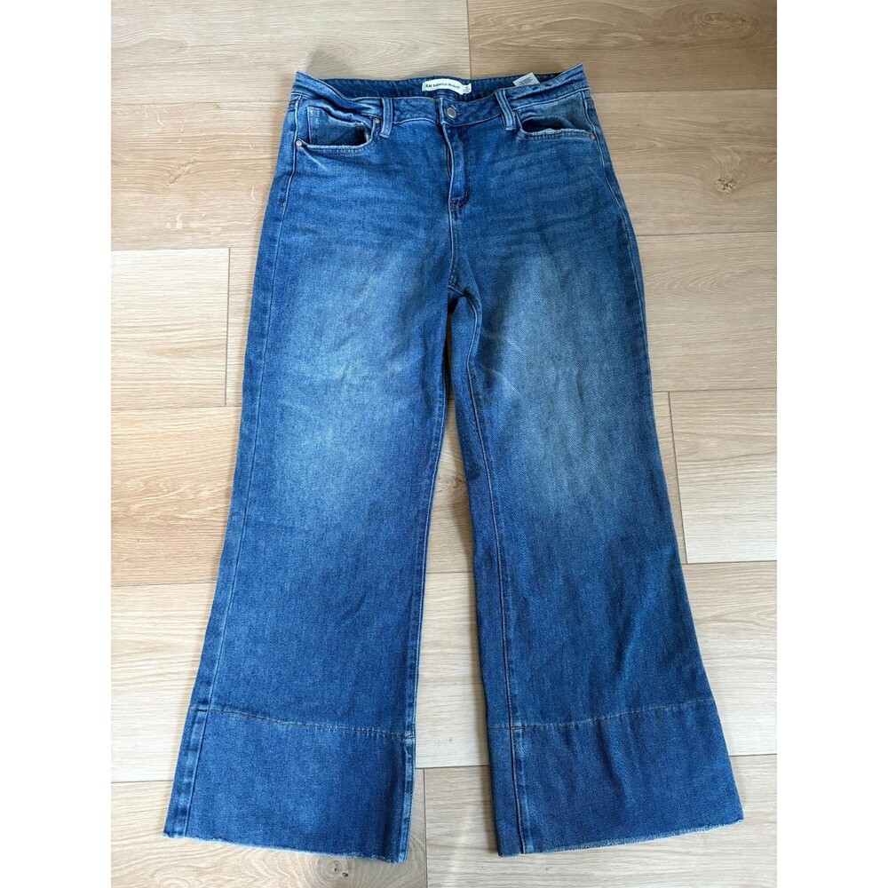 Rebecca Minkoff Women's Flared Crop Jeans Size 12 Raw Cuff Stretch Denim